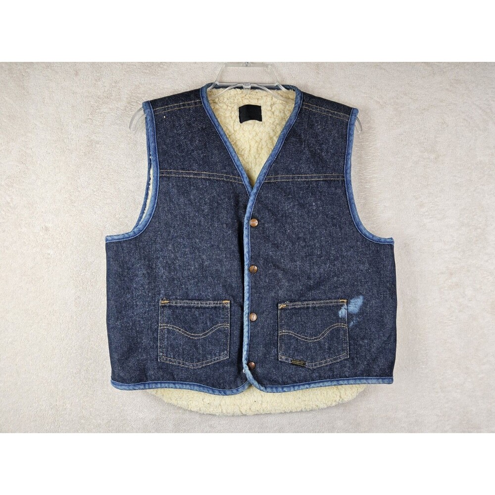 Vintage Roebucks Vest Blue Denim Sherpa Lined Sears Western 70s 80s Size L